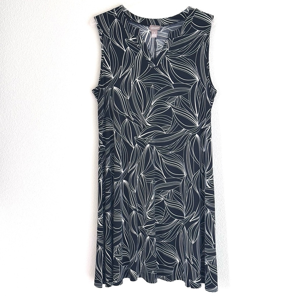 Chico's Black and White Leaf Pattern Midi Dress